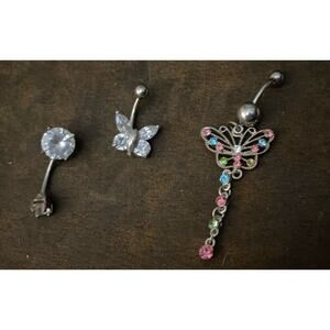 3 Surgical Steel Naval Bar Barbels Body Piercings Butterfly Dangling Butterfly